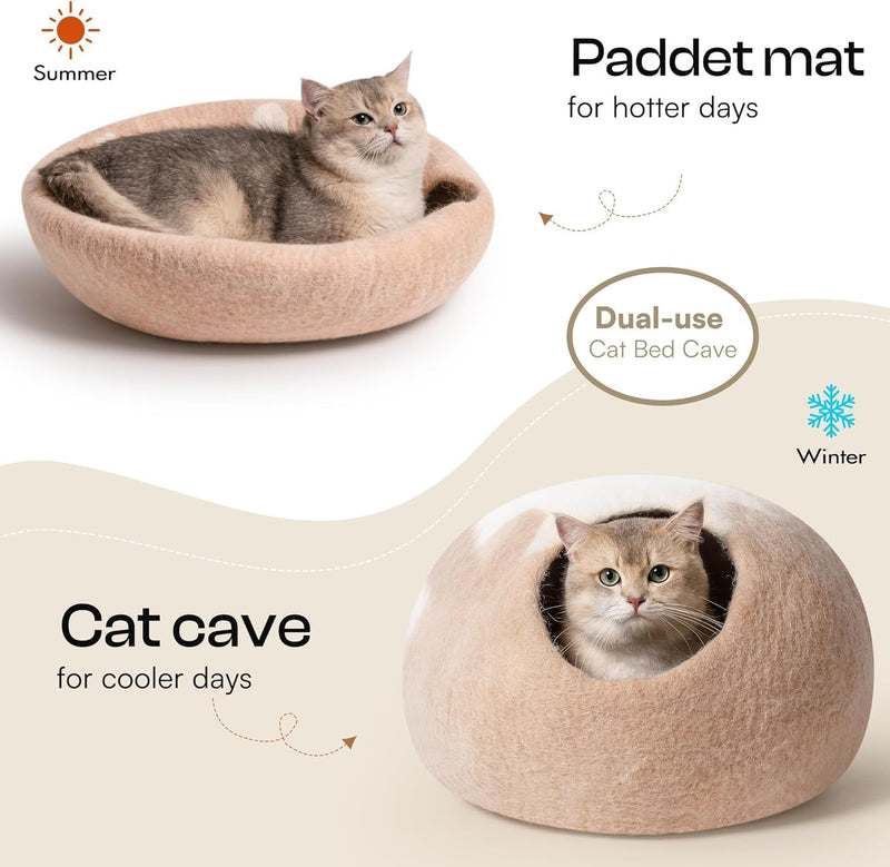 MEWOOFUN Handmade Wool Cat Cave Bed - Natural Felt Hideaway House For Indoor Cats & Kittens, Breathable Warm Pet Bed Grey, Medium