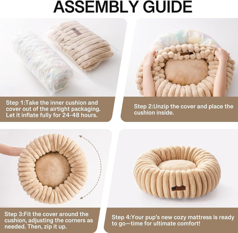 MEWOOFUN Donut Dog Bed For Medium Dogs - Calming Pet Bed With Non-Slip Bottom, Washable For Pets Up To 45 Lbs Light Brown